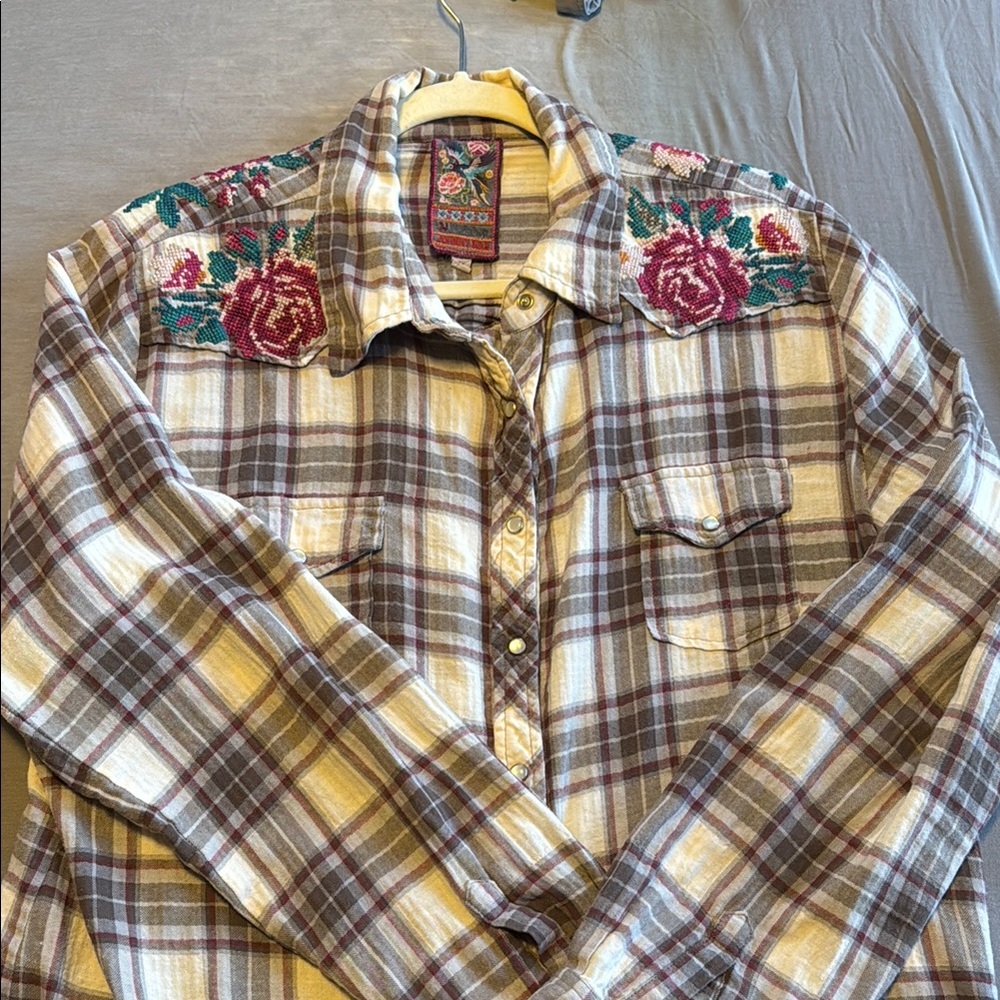 Johnny Was Plaid Button Down Shirt with Floral Embroidery